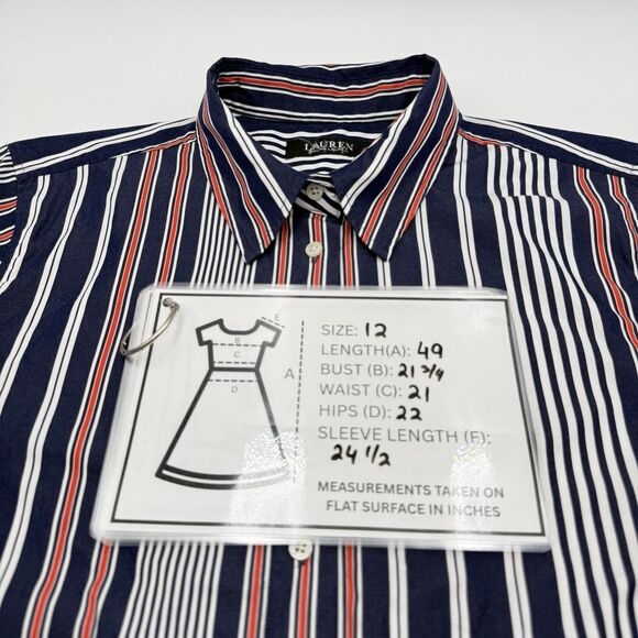 Lauren Ralph Lauren Navy Red Striped Cotton Shirtdress Black Label Size 12 - Picture 8 of 10
